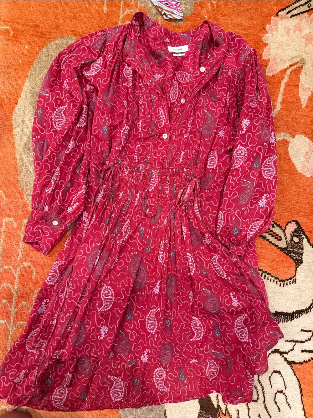 Isabel Marant Red Paisley Smocked Waist Midi Dress